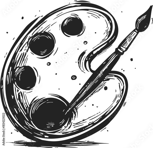 Artist palette and paintbrush sketch, hand drawn style, classic art tool illustration. Vector illustration