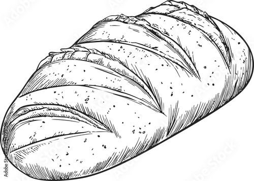 Loaf of bread sketch, hand drawn rustic artisan style with detailed crust. Vector illustration
