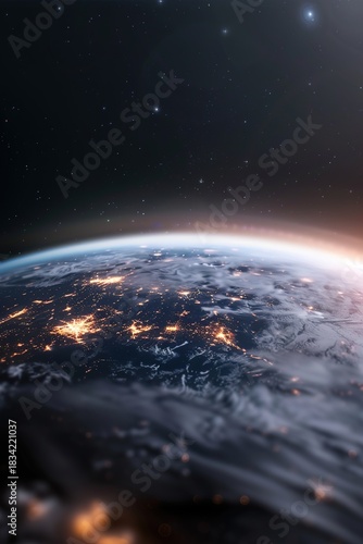 A view of earth from space shows glowing areas of light across the surface. Stars fill the dark sky above. The scene captures the planet during night hours