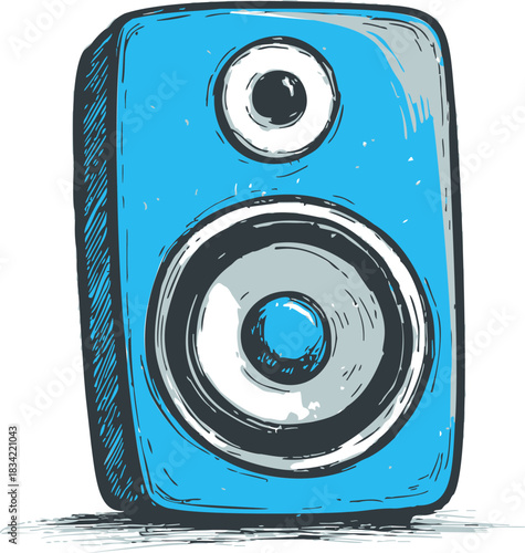 Blue speaker sketch, hand drawn vector, front view with bold outlines. Vector illustration