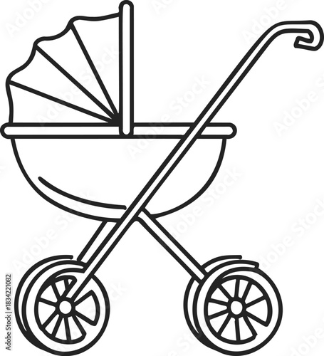 Baby stroller sketch, hand drawn line art with canopy and large wheels. Vector illustration