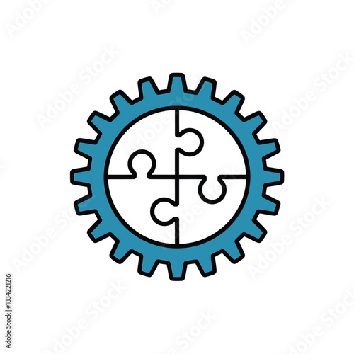 Gear with puzzle pieces inside symbolizing integration and teamwork