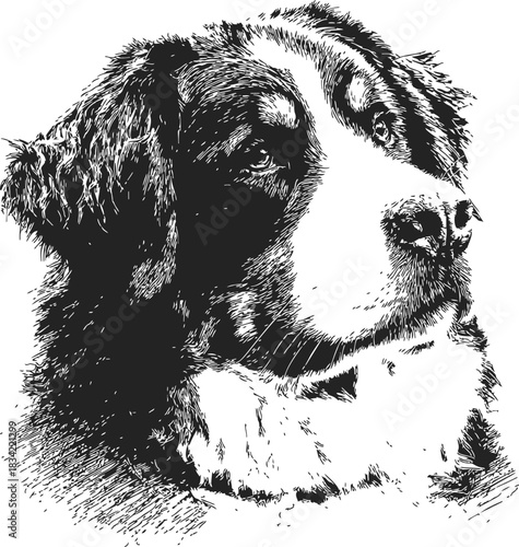 Bernese mountain dog sketch hand drawn portrait with detailed fur texture. Vector illustration