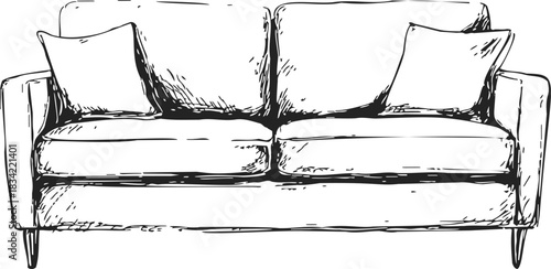 Sofa sketch hand drawn with cushions, front view, minimalist style. Vector illustration
