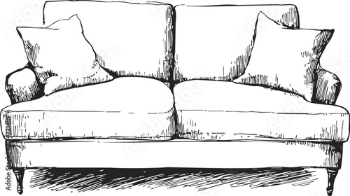 Sofa sketch hand drawn with cushions, front view, detailed vintage style. Vector illustration