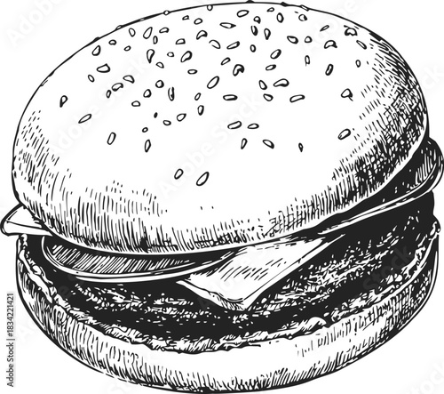 Hamburger sketch hand drawn with sesame bun, cheese, patty, and lettuce. Vector illustration