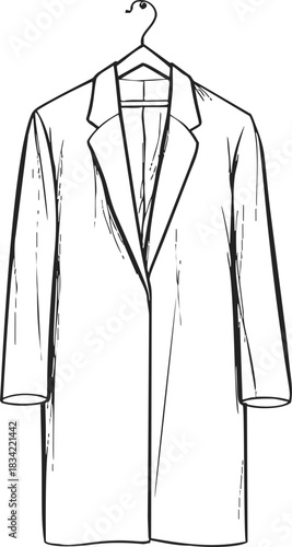Coat on hanger sketch hand drawn minimalist black and white line art. Vector illustration