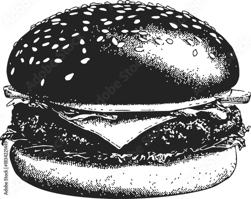 Burger sketch hand drawn with sesame bun, cheese, lettuce, tomato. Vector illustration