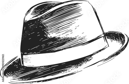 Fedora hat sketch hand drawn style with wide brim and ribbon band. Vector illustration