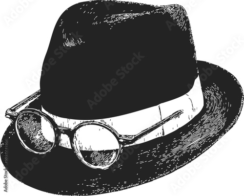 Fedora hat with glasses sketch, hand drawn vintage accessory illustration. Vector illustration