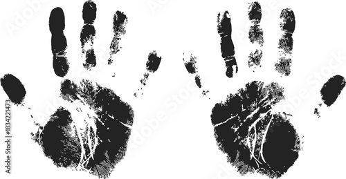 Black handprints sketch hand drawn with fingerprint details and grunge splatter. Vector illustration