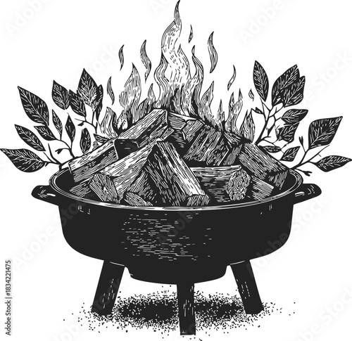 Fire pit sketch, hand drawn vector with burning wood logs and leafy branches. Vector illustration