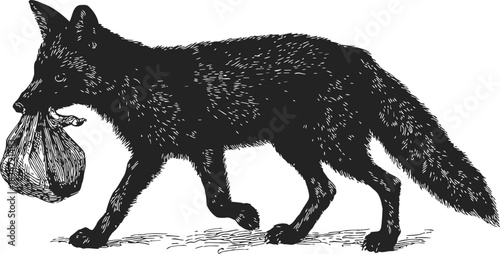 Fox sketch hand drawn carrying bag in mouth walking side view. Vector illustration