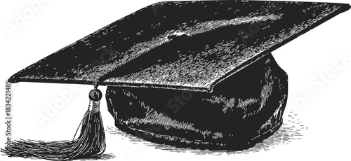 Graduation cap sketch hand drawn with tassel detailed shading. Vector illustration