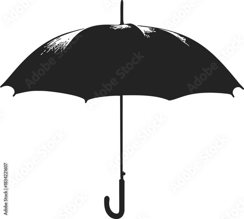 Umbrella sketch hand drawn black silhouette with curved handle. Vector illustration