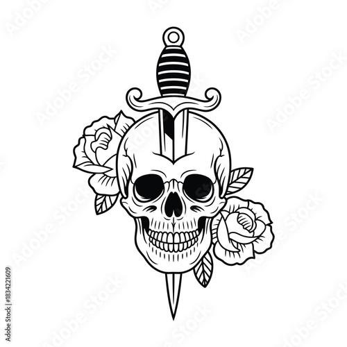 Skull and dagger with roses tattoo design illustration