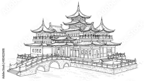 Traditional Chinese castle with arched bridge, water moat, pagoda towers, fine detailed line art, black and white vector, isolated for stock images