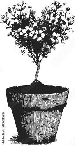 Potted flowering plant sketch, hand drawn style, rustic clay pot with blooming flowers. Vector illustration