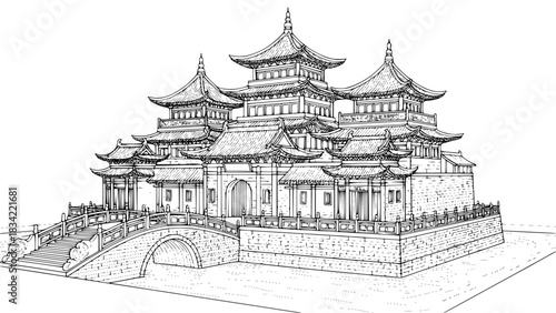 Traditional Chinese castle with arched bridge, water moat, pagoda towers, fine detailed line art, black and white vector, isolated for stock images