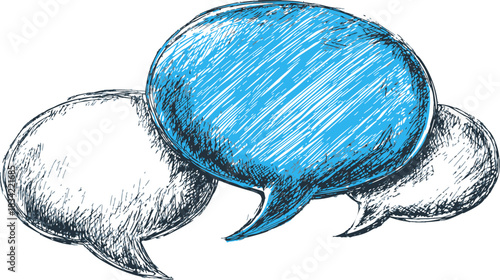 Speech bubbles sketch hand drawn overlapping with blue highlight. Vector illustration