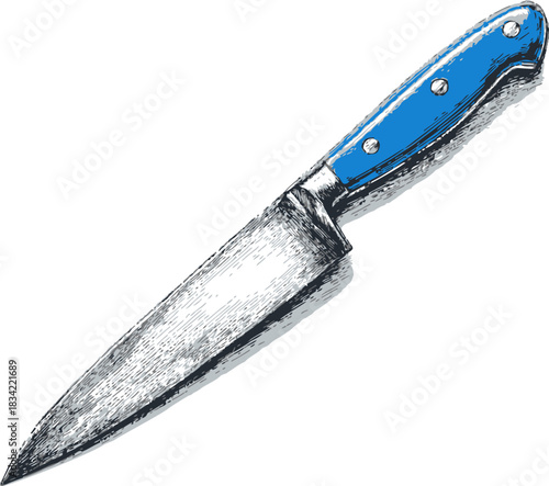 Chef knife sketch hand drawn with blue handle isolated on white. Vector illustration