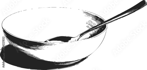 Bowl with spoon sketch, hand drawn style, simple kitchen utensil scene. Vector illustration