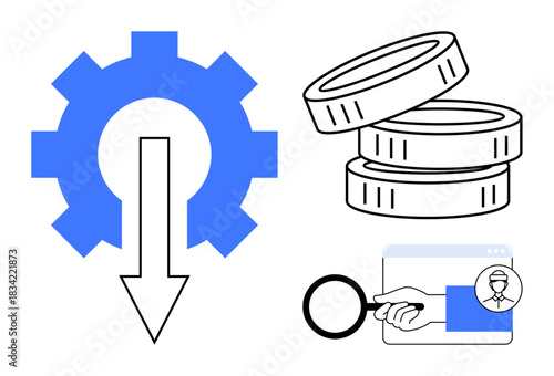 Financial planning, wealth management, data analysis, cost reduction, business strategy, investment tools. Gear with downward arrow, coins stack magnifying glass. Financial planning and wealth