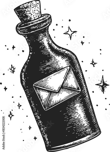 Message in a bottle sketch, hand drawn glass bottle with envelope and stars. Vector illustration
