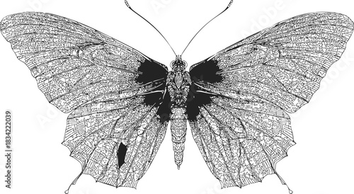 Butterfly sketch, hand drawn detailed symmetrical wings and body. Vector illustration