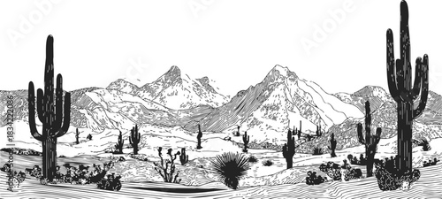 Desert landscape sketch with cacti and mountains, hand drawn black and white scene. Vector illustration