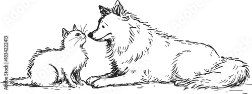 Cat and dog sketch hand drawn, lying together, friendly interaction. Vector illustration