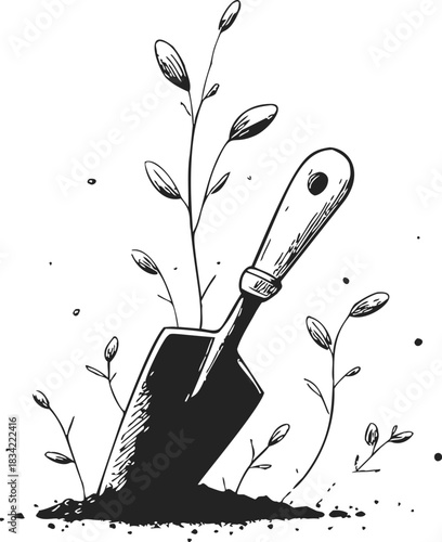 Garden trowel sketch hand drawn with soil and sprouting plants. Vector illustration