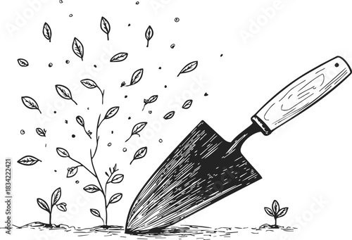 Garden trowel sketch hand drawn with sprouting plants and flying leaves. Vector illustration