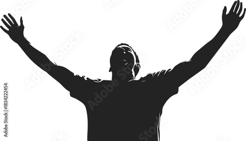 Man silhouette arms raised sketch hand drawn joyful pose. Vector illustration
