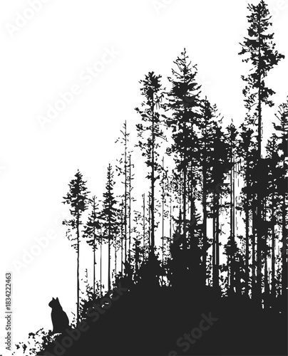 Wolf silhouette in pine forest, hand drawn sketch style, hillside landscape. Vector illustration