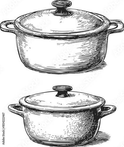 Cooking pots with lids sketch, hand drawn kitchen cookware set. Vector illustration