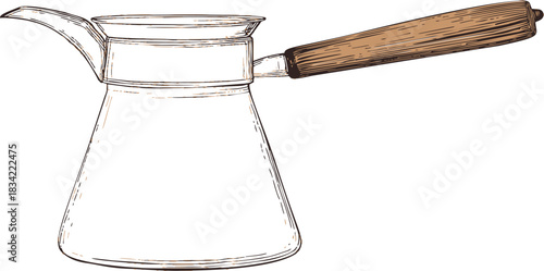Turkish coffee pot sketch, hand drawn line art with wooden handle. Vector illustration