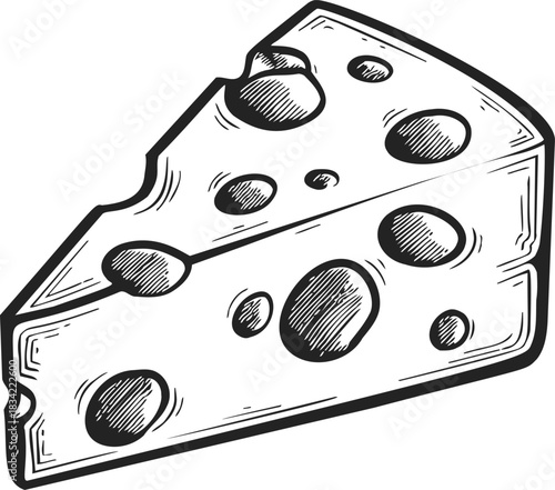 Cheese wedge sketch, hand drawn slice with holes, black and white line art. Vector illustration
