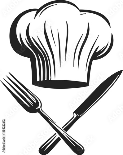 Chef hat sketch with crossed fork and knife, hand drawn black line art. Vector illustration
