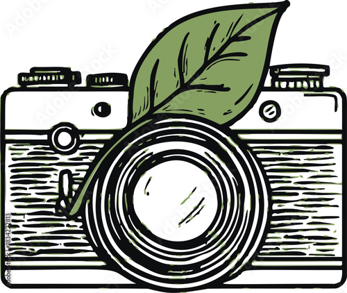 Camera with leaf sketch hand drawn eco friendly photography concept. Vector illustration