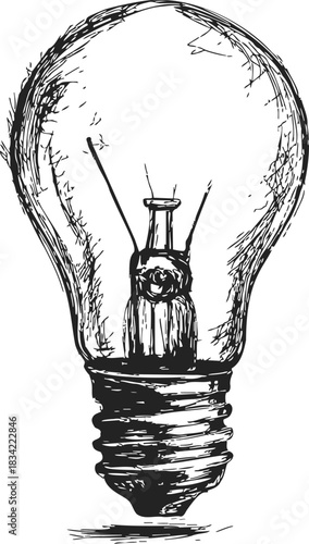 Light bulb sketch hand drawn style with detailed filament and base. Vector illustration