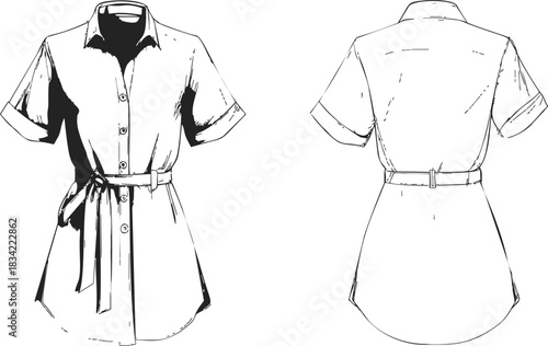 Shirt dress sketch, hand drawn short sleeve belted tunic front and back. Vector illustration