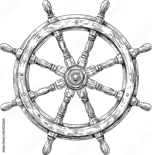 Ship wheel sketch, hand drawn nautical helm with wood texture details. Vector illustration