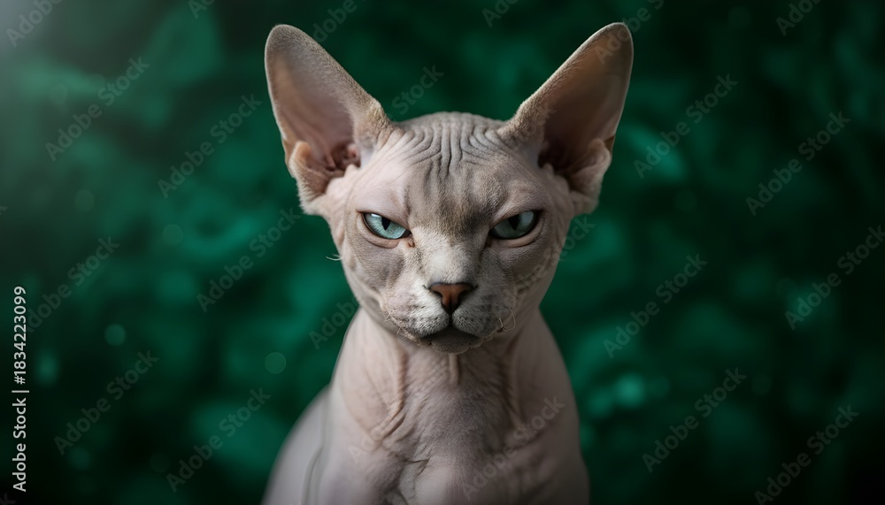 Obraz premium Fierce light-gray Sphynx cat with one eye squinting, staring at the camera; detailed skin texture, dramatic lighting, malachite green background, bold look.