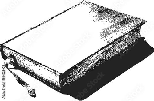 Old book sketch, hand drawn vintage closed book with ribbon bookmark. Vector illustration
