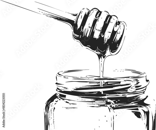 Honey jar with dipper sketch, hand drawn style, honey dripping into glass jar. Vector illustration