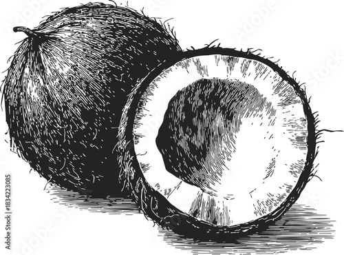 Coconut whole and half sketch, hand drawn tropical fruit detailed illustration. Vector illustration