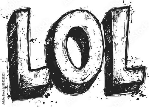 LOL text sketch hand drawn bold comic style with ink splatter. Vector illustration