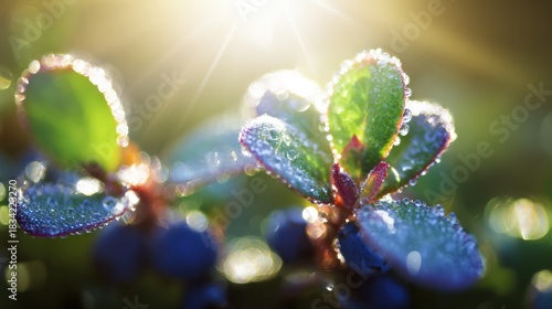 Wallpaper Mural Morning sun illuminating tender blueberry leaves with soft dew, captured in a gentle close-up for natural lifestyle visuals. Torontodigital.ca