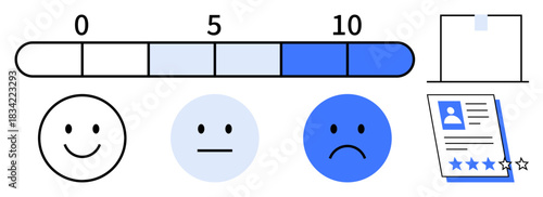 Feedback scale with three emoticons reflecting happiness, neutrality, and sadness, numerical rating bar from 0 to 10, and a rated document. Ideal for reviews, performance evaluation, satisfaction